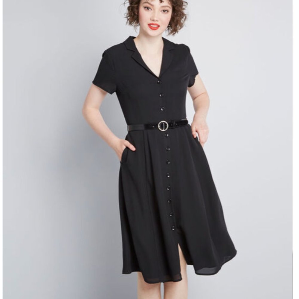 Modcloth black button up shirt dress with belt